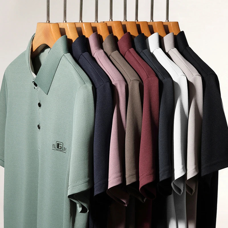 Noxwear - New Men's Business Casual Short Sleeved Shirt with Badge Solid Color Polo Shirt Fashionable Breathable Comfortable Versatile Top