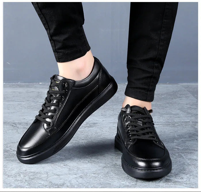 Noxwear - New Shoes for Men Genuine Leather Casual Shoes Spring Autumn Cool Black Flat Skateboard Shoes Youth Fashion Slip-on Sneakers