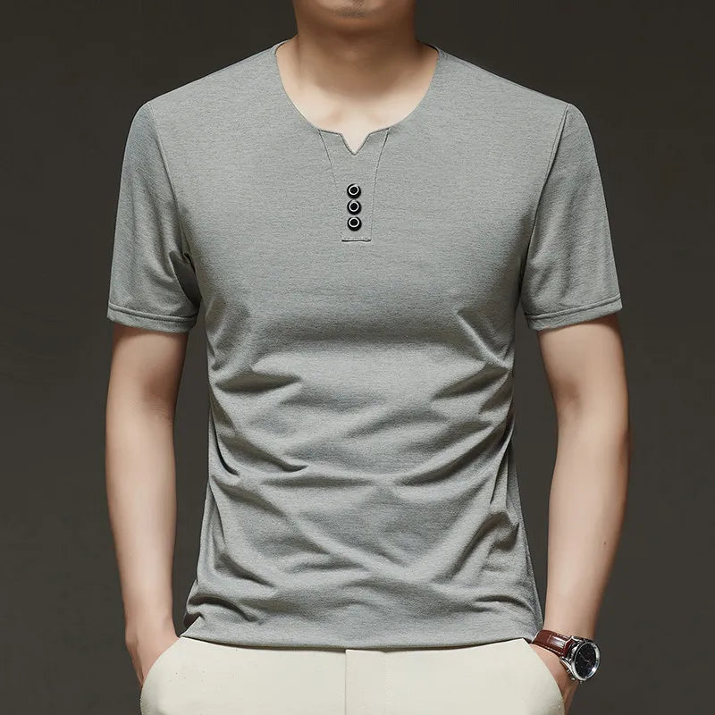 Noxwear - 2025 New Men's Business Casual Three Button V-neck Short Sleeved T-shirt Korean Style Summer Comfortable Versatile Top