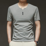 Noxwear - 2025 New Men's Business Casual Three Button V-neck Short Sleeved T-shirt Korean Style Summer Comfortable Versatile Top