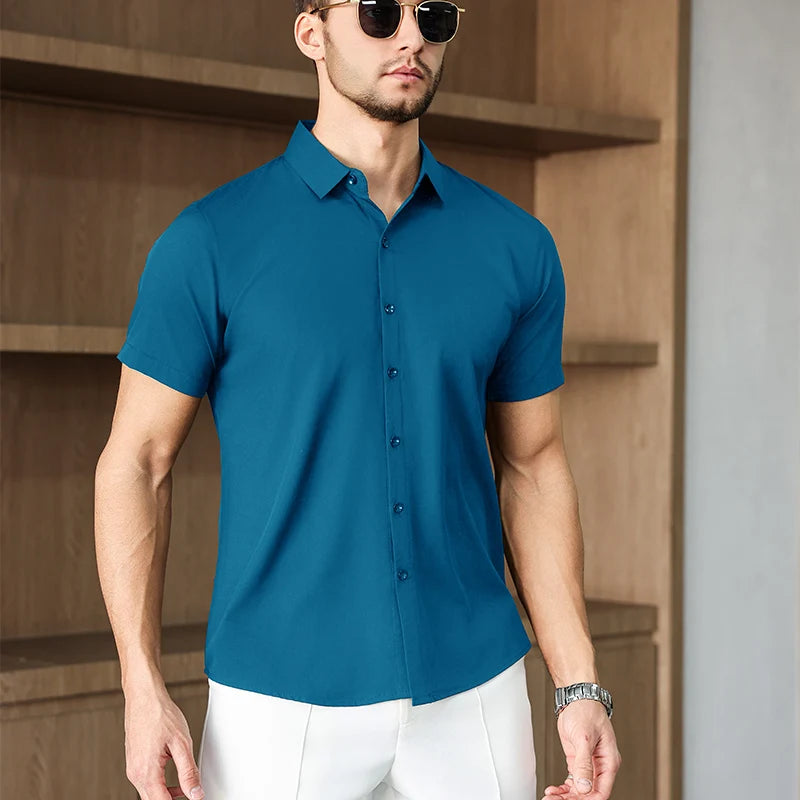 Noxwear -New Men's Business Casual Solid Color Short Sleeved Shirt for Summer Fashion No Ironing Comfortable and Versatile Top