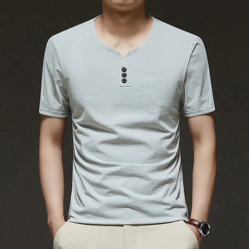 Noxwear - 2025 New Men's Business Casual Three Button V-neck Short Sleeved T-shirt Korean Style Summer Comfortable Versatile Top