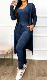 Noxwear Two Piece Set Women Outfit 2023 Spring Fashion Drawstring Pocket Design U-Neck Sleeveless Skinny Jumpsuit & Long Sleeve Coat Set