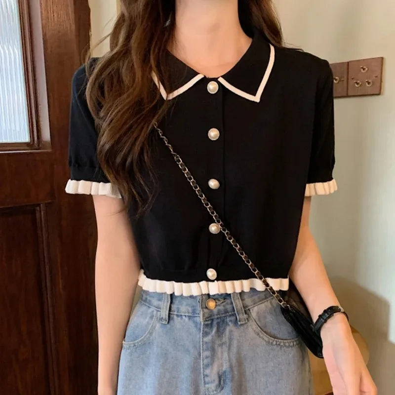 Noxwear Sweet Women Shirt Korean Knitted Turn Down Collar Chic Short Sleeve Female Blouse Summer Retro Slim All Match Ladies Crop Tops