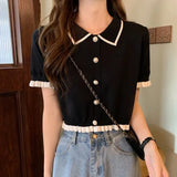 Noxwear Sweet Women Shirt Korean Knitted Turn Down Collar Chic Short Sleeve Female Blouse Summer Retro Slim All Match Ladies Crop Tops