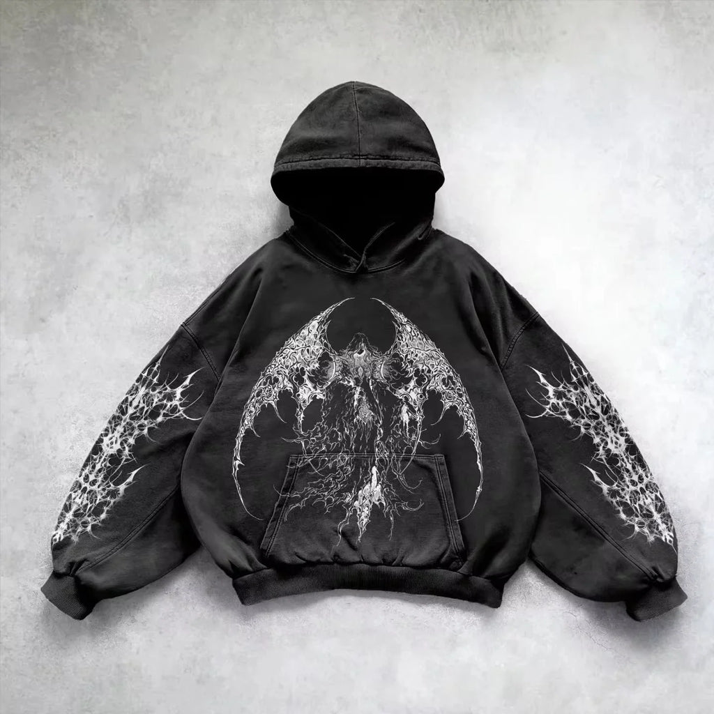 Noxwear - 6xl Retro Gothic Evil Angel Print Hip Hop Hoodie for Men Y2k Punk Casual Loose Pullover Women Streetwear Sweatshirt Hoodies