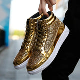 Noxwear - Men's Boots Nightclubs Fashiona Sequins With Diamonds Gold Leather Boots Trendy High Top Sports Casual Shoes Large Size 38-48