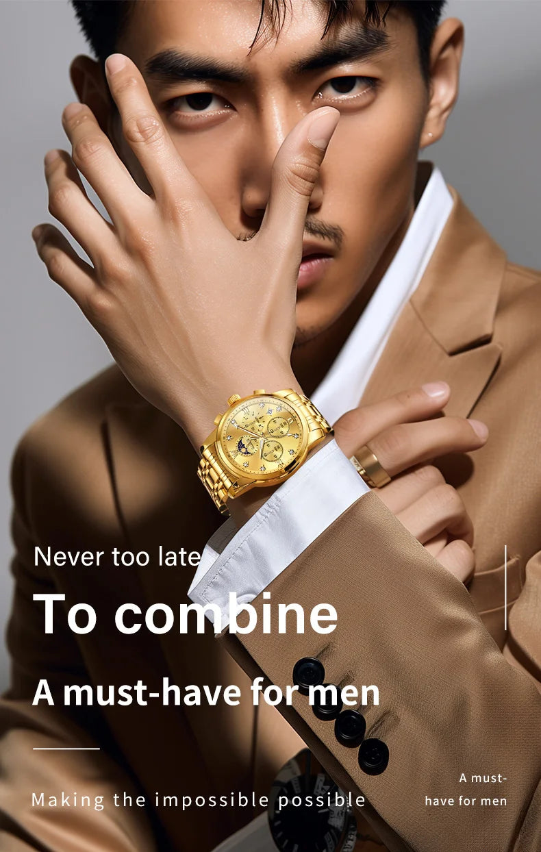 Noxwear - OLEVS Top Luxury Brand Men's Watches Moon Phase Chronograph Quartz Watch for Man Gold Stainless Steel Luminous Original Watch