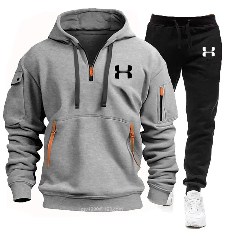 Noxwear-Men new autumn and winter multi-pocket zipper long-sleeved hoodie + sports and leisure pants two-piece fitness jogging suit