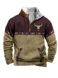 Noxwear - Men'S Vintage Western Hoodie with Aztec Cowboy Design - Beige & Gray Zip-Up Pullover with Pockets, Casual Long Sleeve Outdoor We
