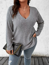 Noxwear - Plus Size 1XL-5XL  Women's Casual Fashion V Neck Long Sleeve T-Shirt  LadiesWomen's Plus Size Solid Ribbed T-Shirt Clothing