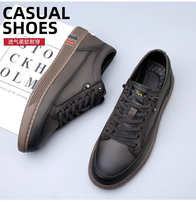 Noxwear - New Shoes for Men Genuine Leather Casual Shoes Spring Autumn Cool Black Flat Skateboard Shoes Youth Fashion Slip-on Sneakers