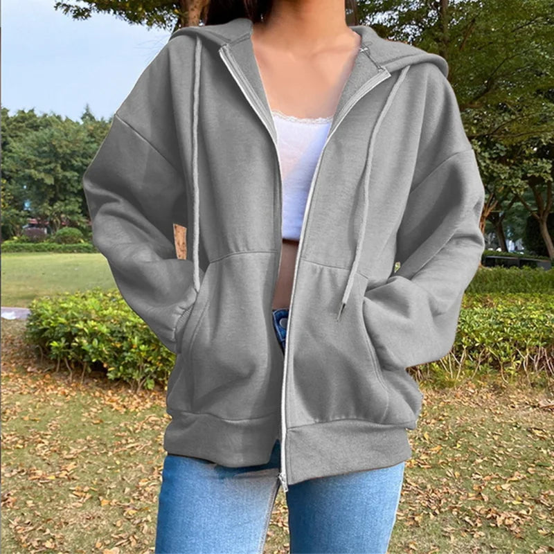 Noxwear - Autumn Fleece Hoodie Solid Color Hooded Korean Fashion Sweatshirts Long Sleeve Top Drawstring Pockets Loose Zipper Black Hoodies