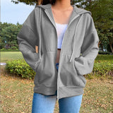 Noxwear - Autumn Fleece Hoodie Solid Color Hooded Korean Fashion Sweatshirts Long Sleeve Top Drawstring Pockets Loose Zipper Black Hoodies