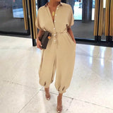 Noxwear Summer Fashion V-Neck Button Lace-Up Jumpsuit Short Sleeve Loose Playsuit Overalls Women Elegant Leopard Print Pocket Rompers