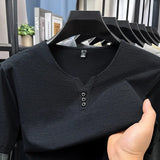 Noxwear - 2025 New Men's Business Casual Three Button V-neck Short Sleeved T-shirt Korean Style Summer Comfortable Versatile Top