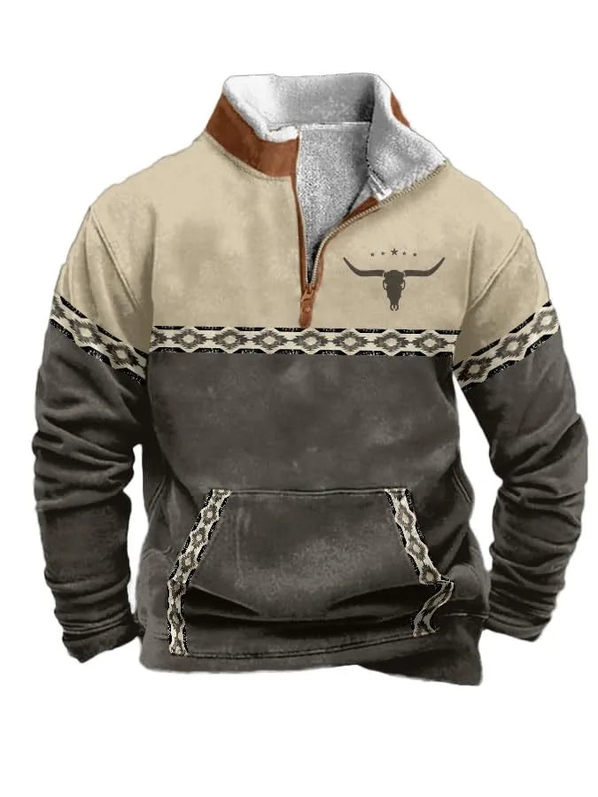 Noxwear - Men'S Vintage Western Hoodie with Aztec Cowboy Design - Beige & Gray Zip-Up Pullover with Pockets, Casual Long Sleeve Outdoor We