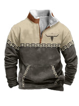 Noxwear - Men'S Vintage Western Hoodie with Aztec Cowboy Design - Beige & Gray Zip-Up Pullover with Pockets, Casual Long Sleeve Outdoor We