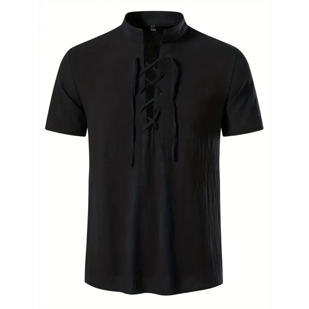 Noxwear - Men's Retro Shirt Short Sleeve Cotton Linen Lightweight Breathable Solid Color Fashion Tops Pirate V-neck Male Stylish Shirs