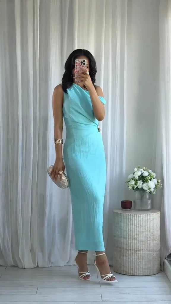 Noxwear Elegant Women's Bodycon Maxi Dresses Sleeveless One Shoulder Dress with Gold Buckle Summer Chic Casual Lady Party Evening Outfit