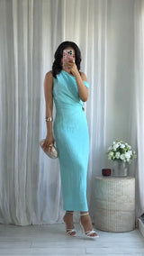 Noxwear Elegant Women's Bodycon Maxi Dresses Sleeveless One Shoulder Dress with Gold Buckle Summer Chic Casual Lady Party Evening Outfit