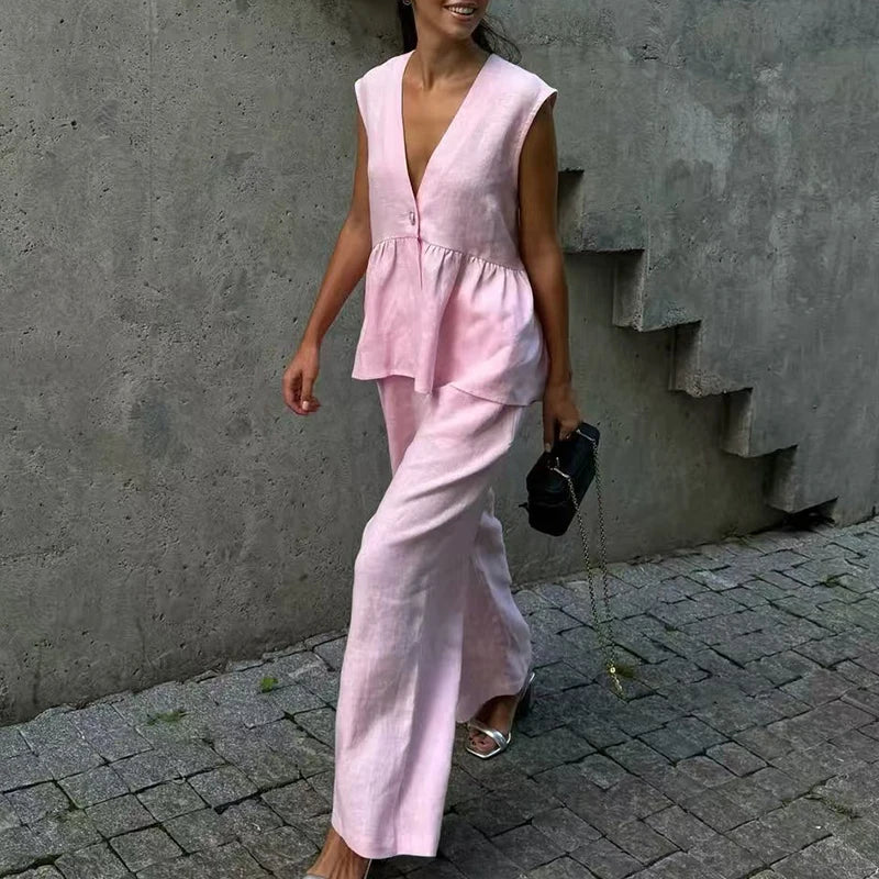 Noxwear Ladies Casual V Neck Sleeveless Top with Pants 2pc Sets Summer High Street Pocket Loose Outfit Elegant Button Solid Color Suit