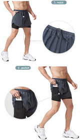Noxwear - Men's Running Shorts Quick-drying Fitness Black Double Layer Shorts Men New Sport Workout Training Bodybuilding Short Pants
