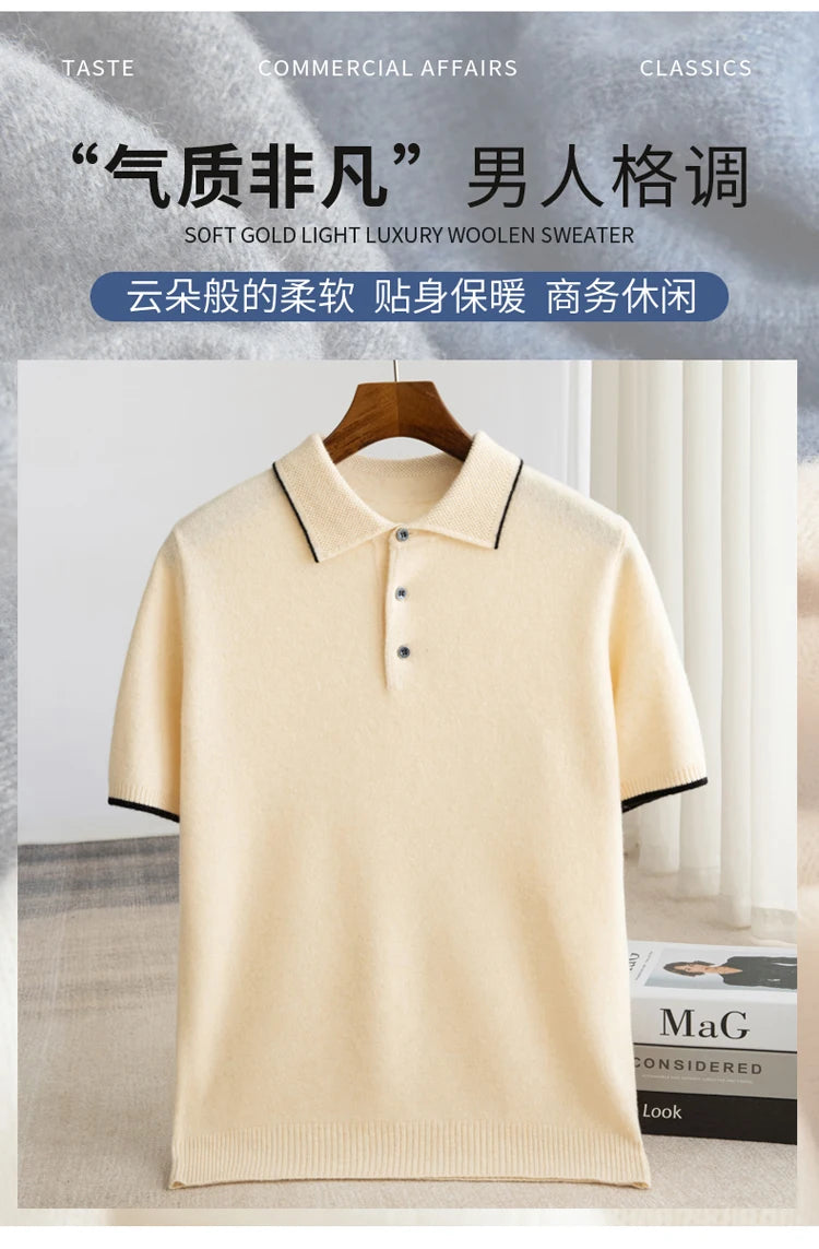 Noxwear - 100% Merino wool men's lapel short sleeved sweater T-shirt new knitted casual business men's pullover sweater wool T-shirt summe