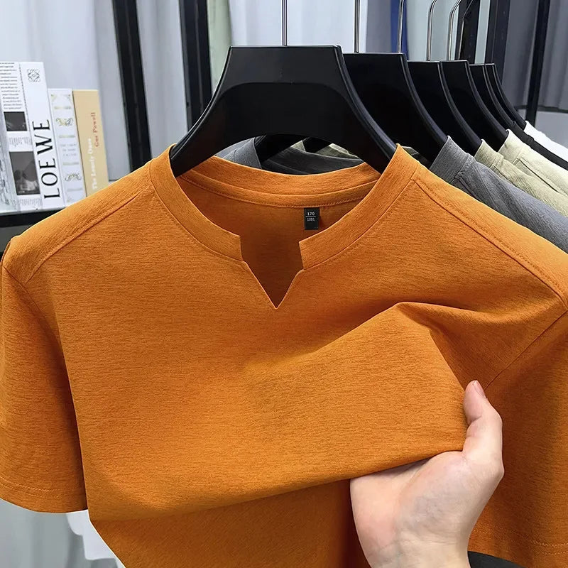 Noxwear - Korean Men's Casual and Fashionable Small V-neck Solid Color Short Sleeved T-shirt Comfortable Summer Versatile Top