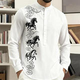 Noxwear - New men's casual fashion street men's 3D horse print shirt with collar and long sleeved top men's long sleeved shirt