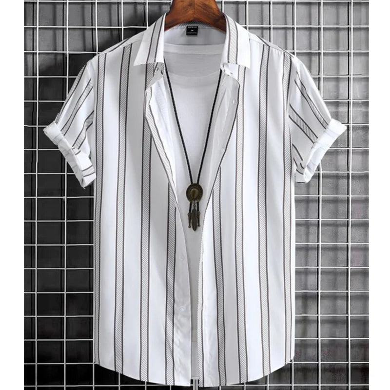 Noxwear - Hawaiian Shirts For Men 3d Stripe Print High-Quality Men'S Clothing Loose Oversized Shirts And Blooms Summer Casual Short Sleeve