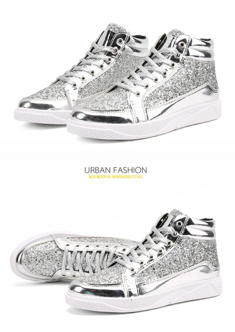 Noxwear - Men's Boots Nightclubs Fashiona Sequins With Diamonds Gold Leather Boots Trendy High Top Sports Casual Shoes Large Size 38-48