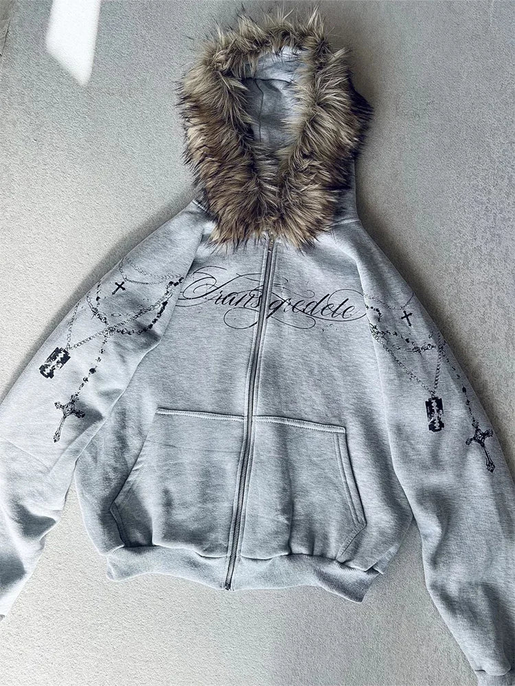 Noxwear - Gothic Punk Faux Fur Hooded Jacket