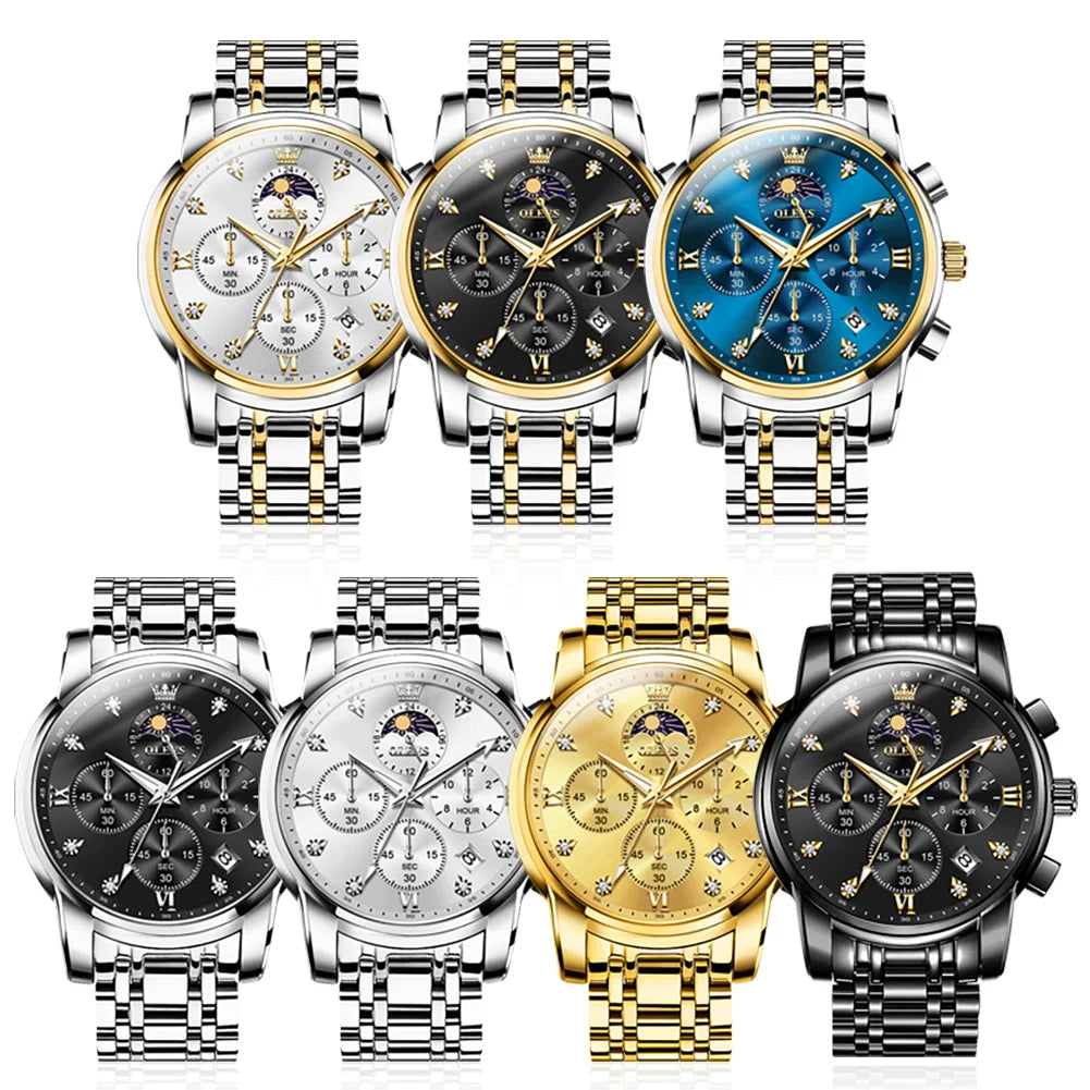 Noxwear - OLEVS Top Luxury Brand Men's Watches Moon Phase Chronograph Quartz Watch for Man Gold Stainless Steel Luminous Original Watch