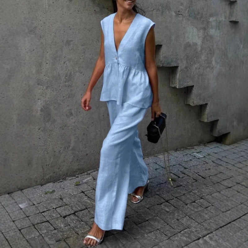 Noxwear Ladies Casual V Neck Sleeveless Top with Pants 2pc Sets Summer High Street Pocket Loose Outfit Elegant Button Solid Color Suit