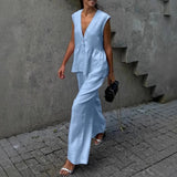 Noxwear Ladies Casual V Neck Sleeveless Top with Pants 2pc Sets Summer High Street Pocket Loose Outfit Elegant Button Solid Color Suit