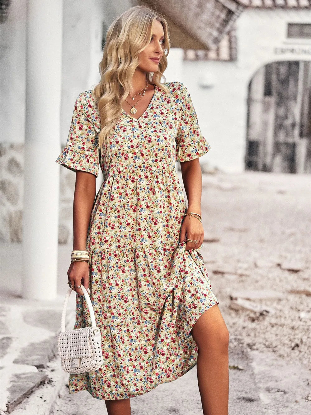 Noxwear Msfilia Fashion V Neck Elegant Printed Dress Women Summer Short Sleeve High Waist A Line Floral Holiday Dresses
