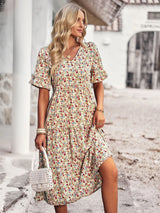Noxwear Msfilia Fashion V Neck Elegant Printed Dress Women Summer Short Sleeve High Waist A Line Floral Holiday Dresses