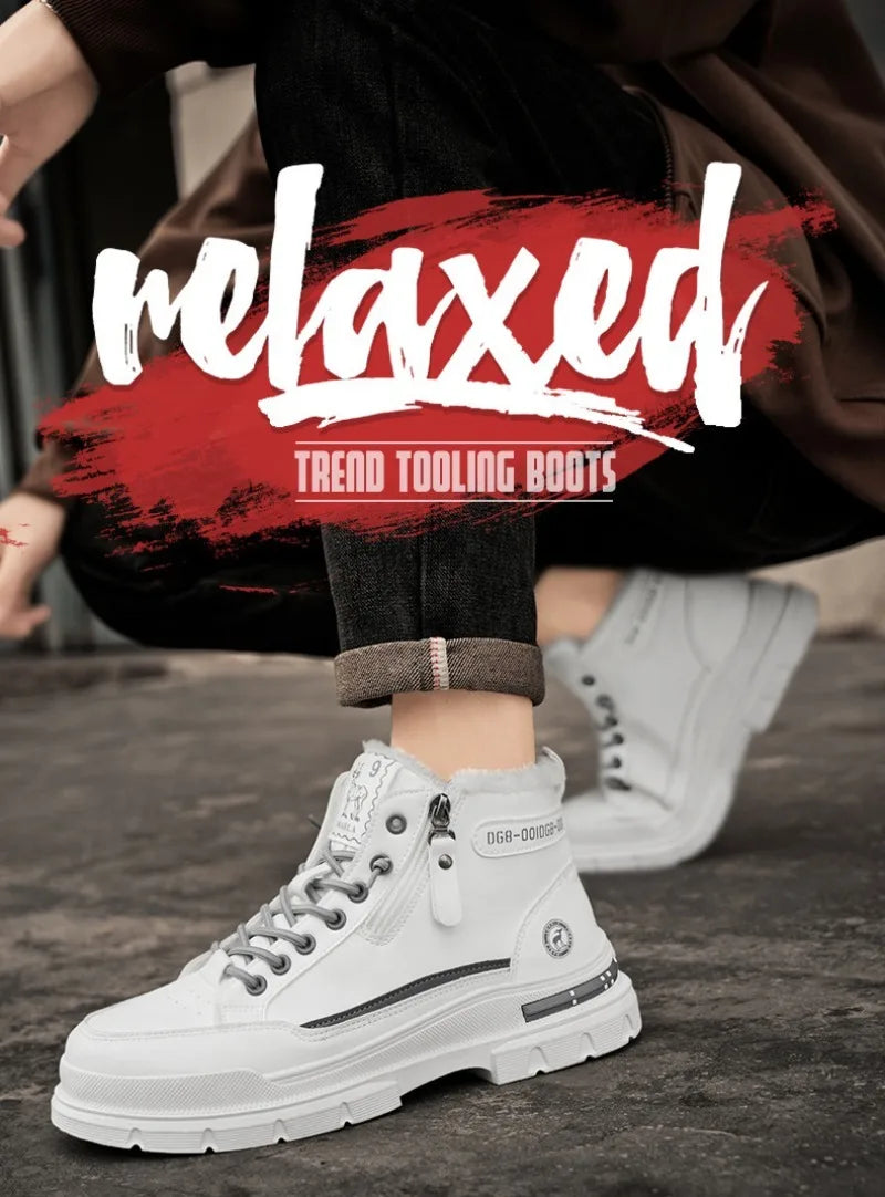 Noxwear - Winter Mens Warm Ankle Boots Fashion Versatile White Leather Shoes Outdoor Non-slip Sneakers for Man Motocycle Snows Boots Botas