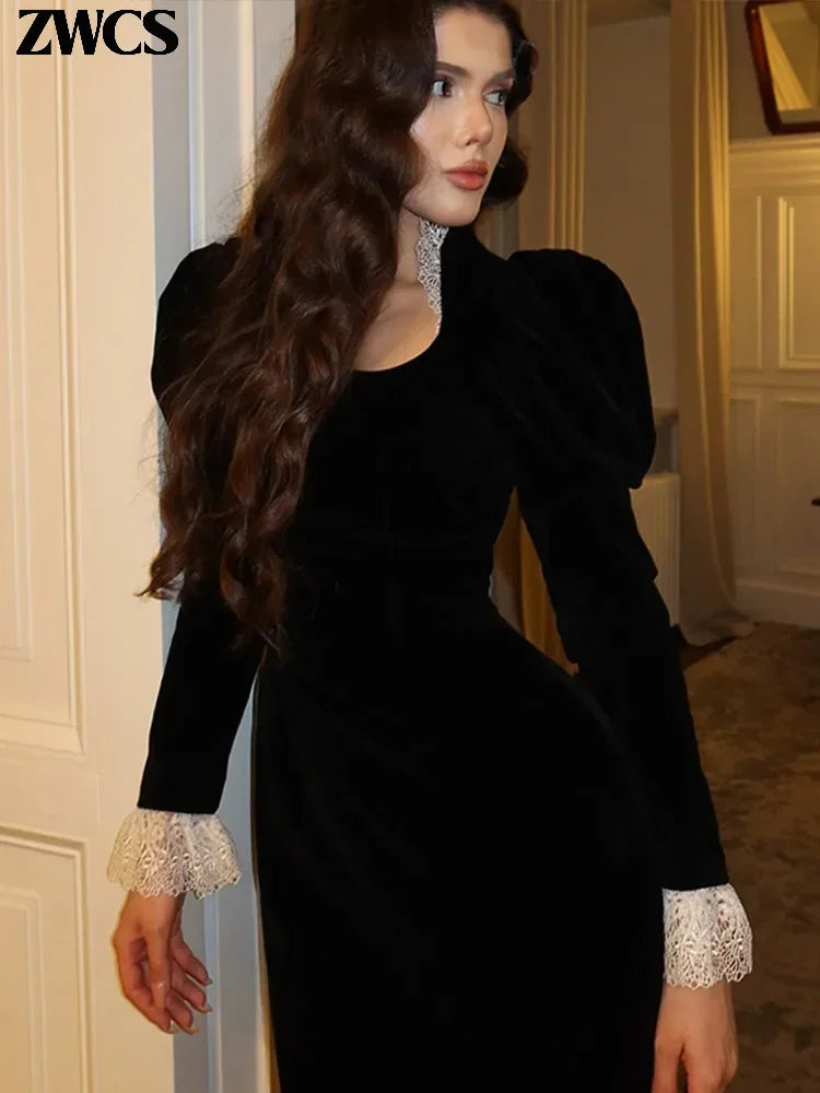 Noxwear Square Collar Puff Sleeve Women Dress Patchwork Slim Pleated Lady Maxi Dresses 2026 Elegant Spring Vintage Female Vestidos