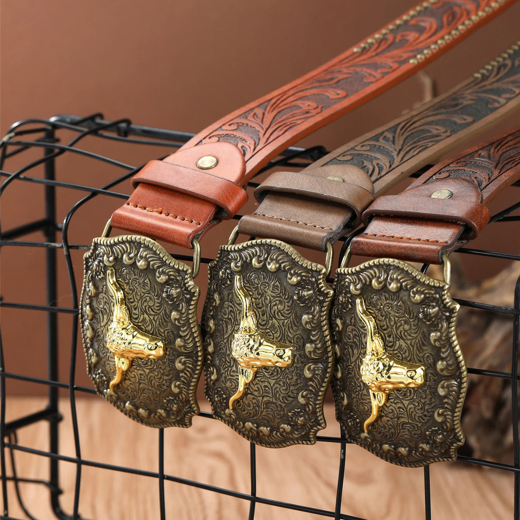 Noxwear - Western Cowboy Belt Cowhead Big Plate Buckle Trend Retro Belt Punk Style Pu Leather Belt