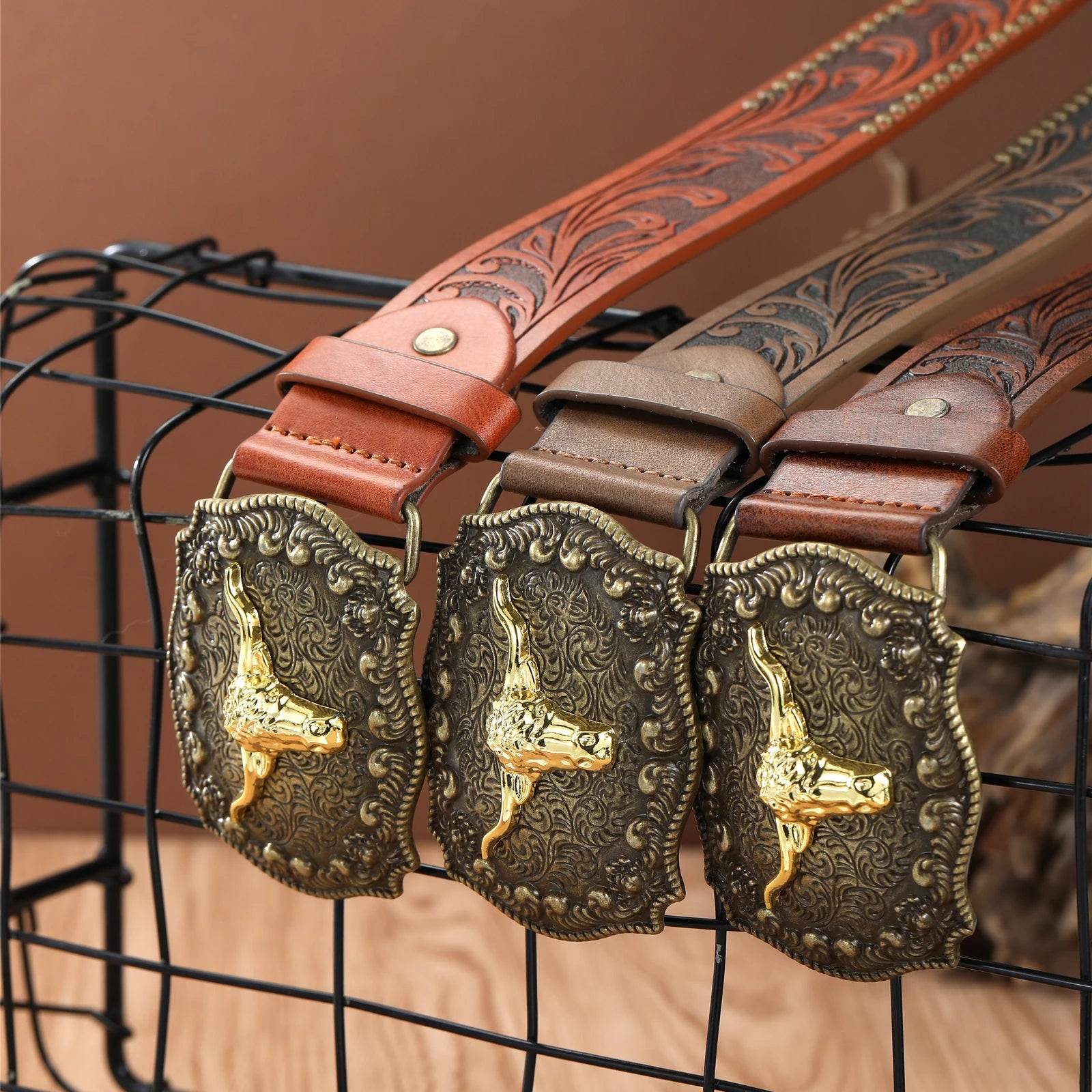 Noxwear - Western Cowboy Belt Cowhead Big Plate Buckle Trend Retro Belt Punk Style Pu Leather Belt