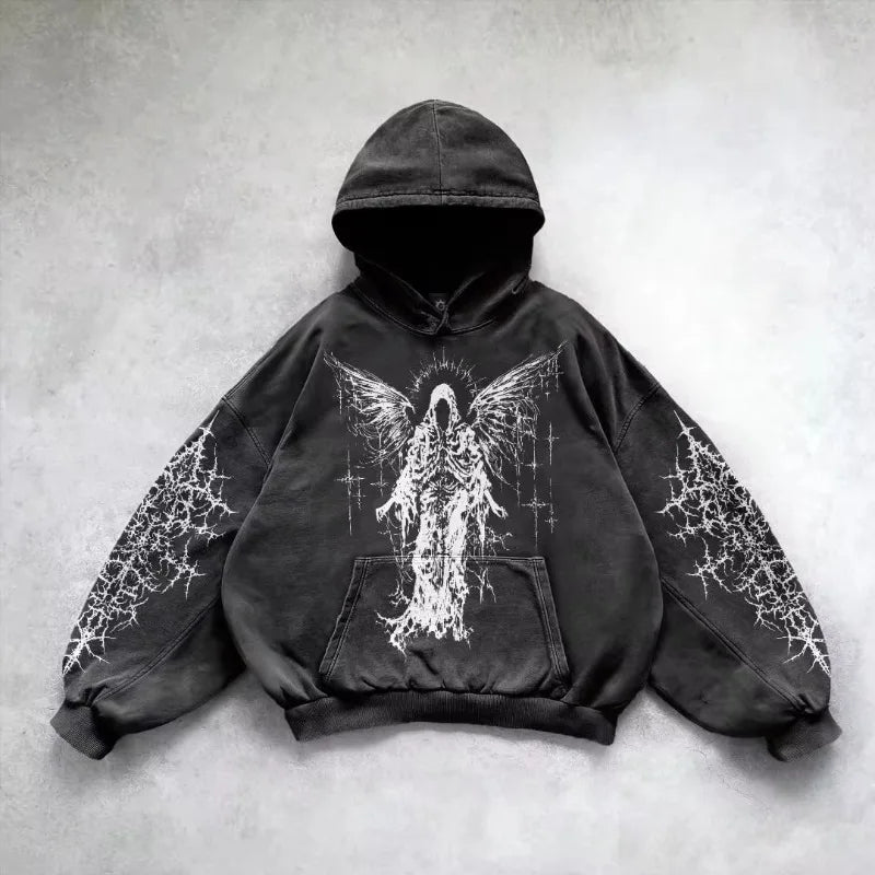 Noxwear - 6xl Retro Gothic Evil Angel Print Hip Hop Hoodie for Men Y2k Punk Casual Loose Pullover Women Streetwear Sweatshirt Hoodies