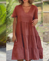 Noxwear Cotton Linen Casual Women's Dresses 2025 Spring/Summer Sweet  Short Sleeve Solid V-neck Large Swing Loose Dress  S-5XL