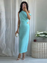 Noxwear Elegant Women's Bodycon Maxi Dresses Sleeveless One Shoulder Dress with Gold Buckle Summer Chic Casual Lady Party Evening Outfit