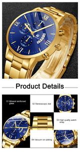 Noxwear -  Mens Fashion Business Quartz Watch Fashion Fake Three Eye Six Pin Calendar Men Watch Stainless Steel Belt Men Watches