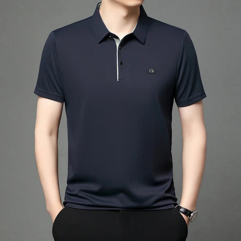 Noxwear - New Men's Business Casual Short Sleeved Shirt with Badge Solid Color Polo Shirt Fashionable Breathable Comfortable Versatile Top
