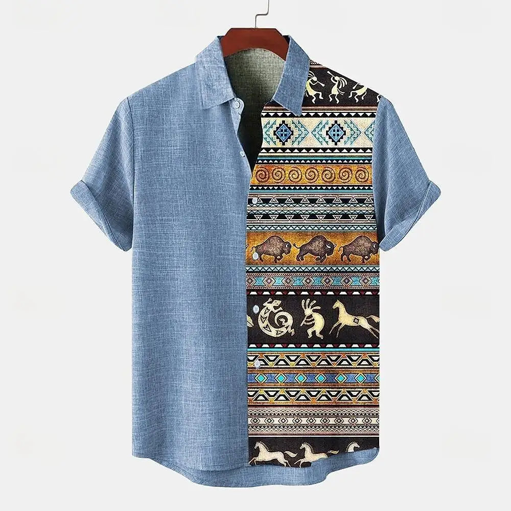 Noxwear - Vintage pattern print, fashionable men's short sleeved shirt, loose top, outdoor street, casual and comfortable