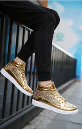 Noxwear - Men's Boots Nightclubs Fashiona Sequins With Diamonds Gold Leather Boots Trendy High Top Sports Casual Shoes Large Size 38-48