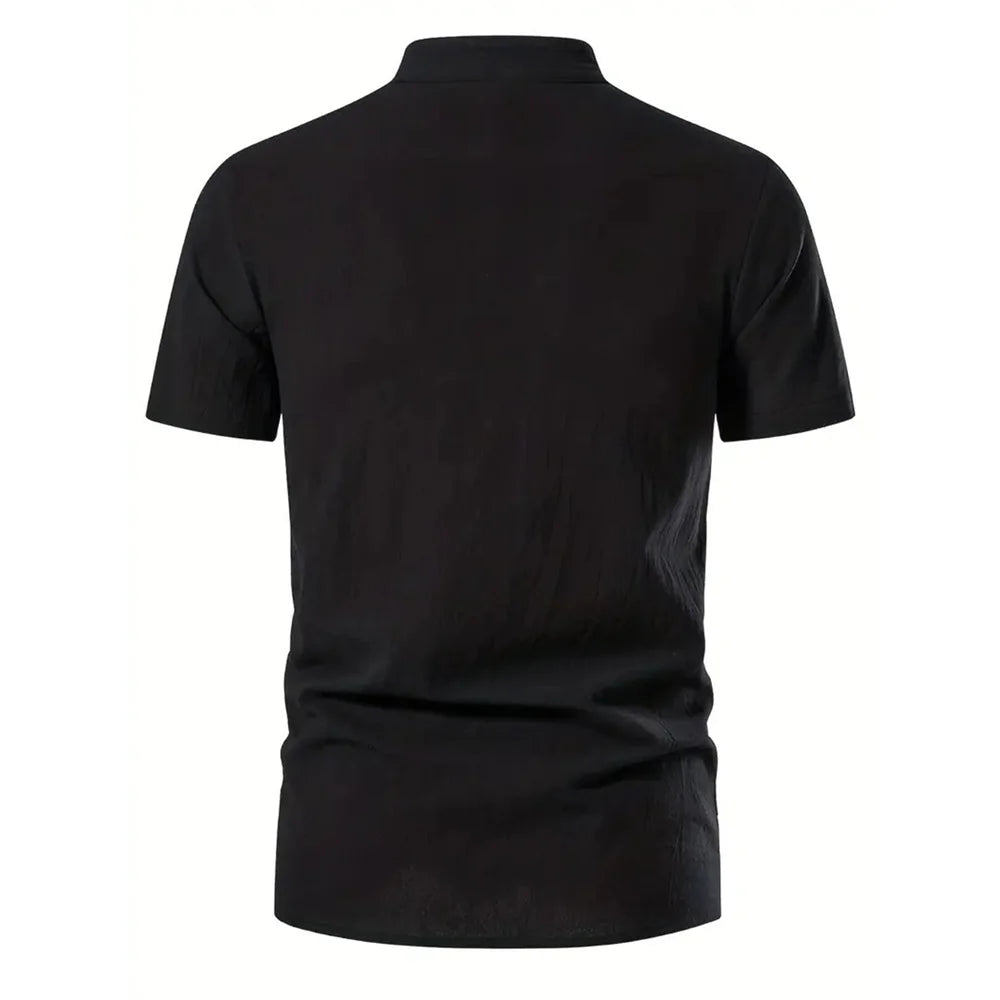 Noxwear - Men's Retro Shirt Short Sleeve Cotton Linen Lightweight Breathable Solid Color Fashion Tops Pirate V-neck Male Stylish Shirs